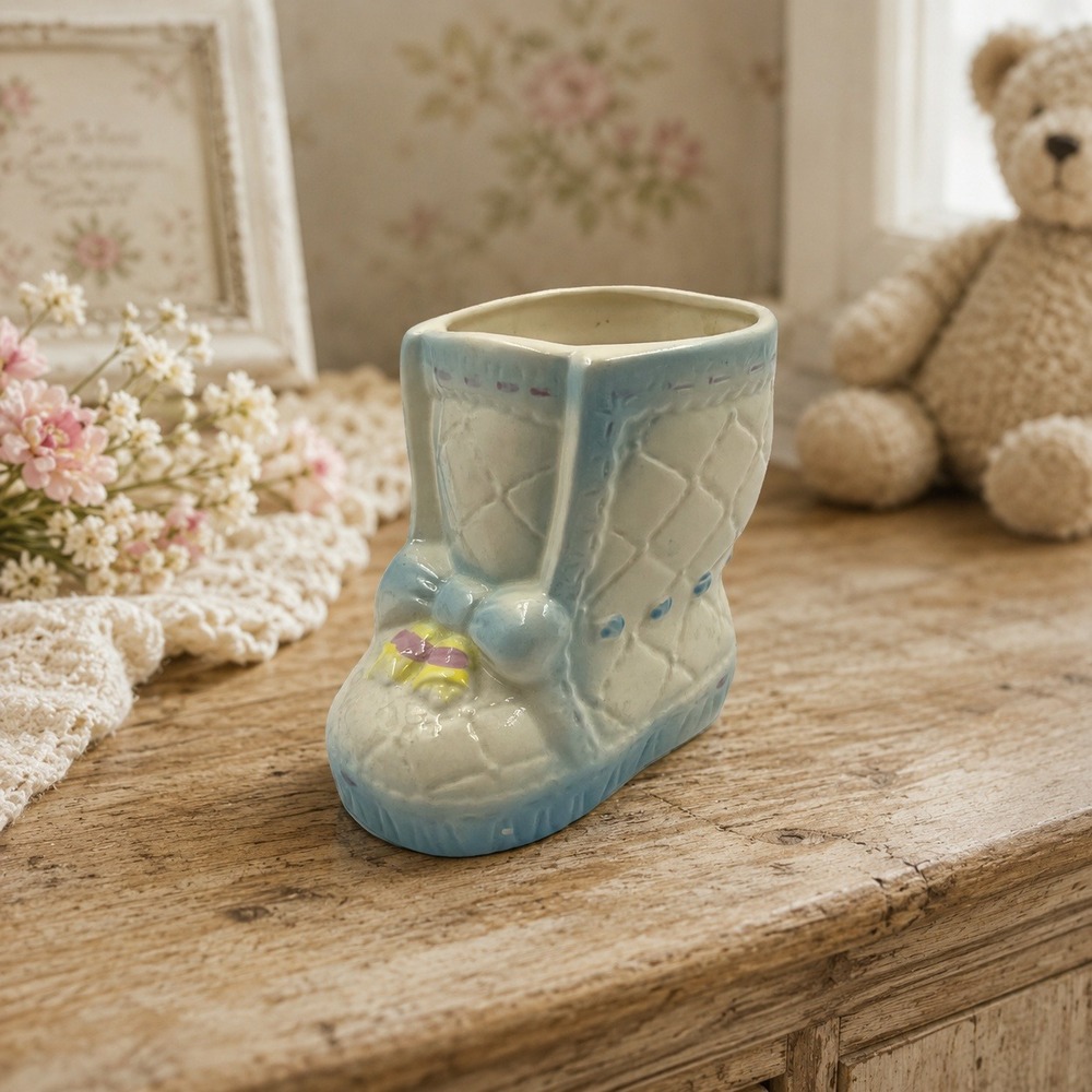 Vintage 1988 Roman Inc Ceramic Baby Boot Planter Quilted Blue Nursery Decor